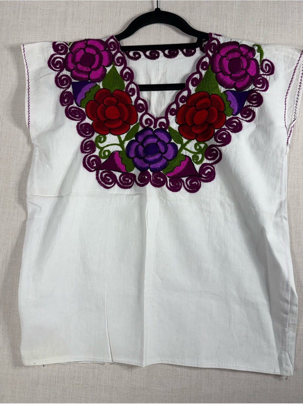 White Embroidered Cotton Blouse with Red & Purple Floral Yoke